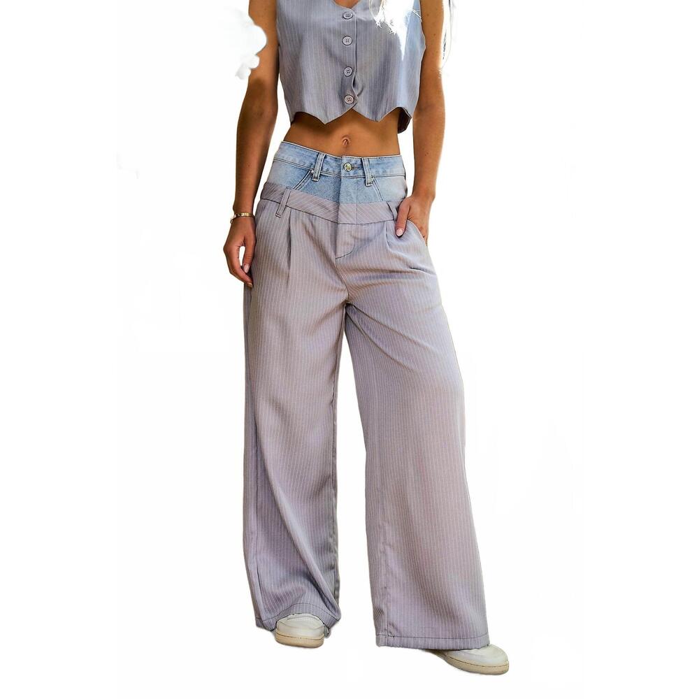 NEW I TOO two-tone double-waistband pants in blue multi